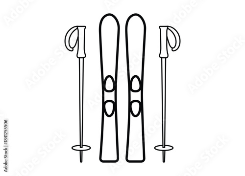 Black outline icon illustration of ski equipment with two skis and poles for winter sports recreation