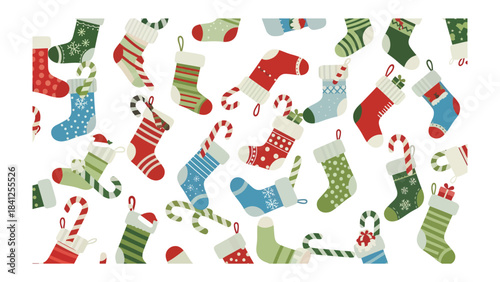 Festive Christmas Stockings: A charming assortment of colorful Christmas stockings and candy canes, ready to bring holiday cheer.
