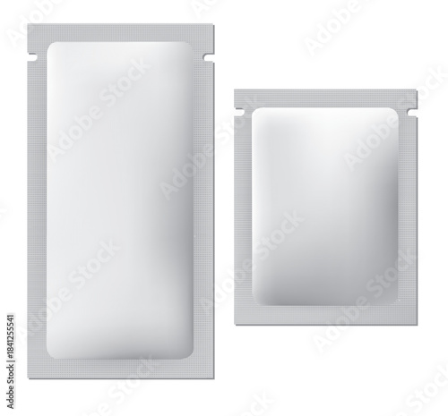 Blank Flat Sachet Packaging Mockup, Realistic Foil Pouch with Tear Notch Vector