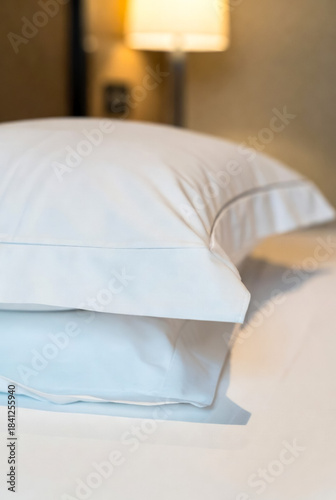 A close-up of a white pillow resting on a bed in a warm hotel room. Soft lighting creates a calm, inviting scene perfect for hospitality, travel, and home decor themes.