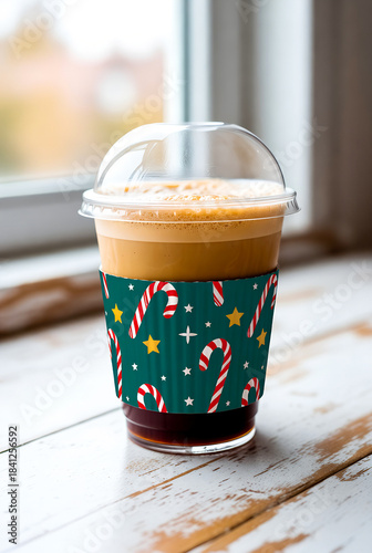 A hot coffee in a festive cup with a candy cane sleeve sits by a sunlit window, capturing cozy holiday vibes, warmth, and moments of morning cheer indoors.
