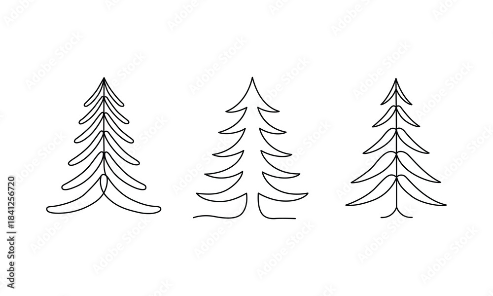 Fototapeta premium Minimalist line art pine tree illustrations set featuring simple evergreen graphic designs perfect for nature concepts