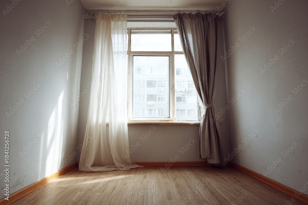 Fototapeta premium Empty room interior with a window and sunlight streaming in.