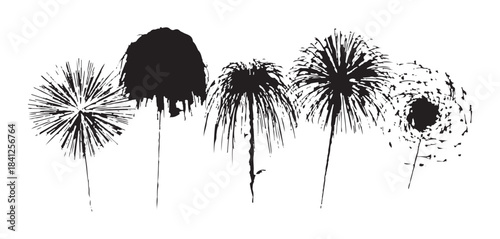 Set of firework shapes in black ink with varying designs isolated on white background