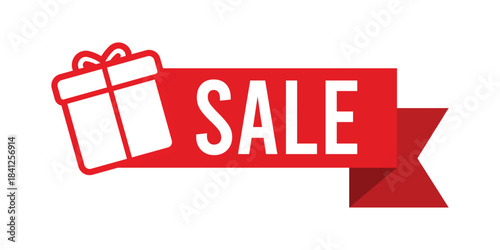Red gift box icon and bold white SALES text on a dynamic red ribbon banner, ideal for holiday promotions, seasonal discounts, special offers, marketing campaigns and retail advertising designs.