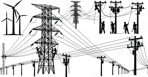 PElectrical infrastructure silhouettes, wind turbines, transmission tower, utility poles, workers, power lines, maintenance, energy grid, black vector, industrial, repairrint