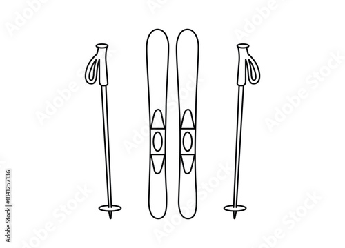 Simple black outline drawing of two skis and two ski poles for winter sports and mountain recreation design