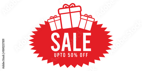 Red SALE starburst badge with bold white text and “up to 50% off” message, topped with simple gift box icons, ideal for holiday promotions, clearance events, ecommerce banners .