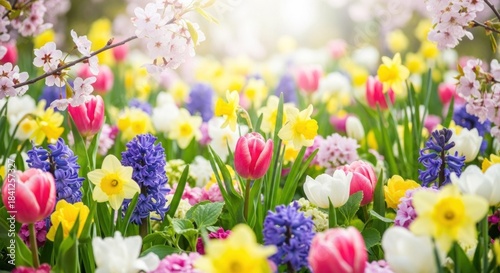 A vibrant spring garden filled with colorful tulips, daffodils, and hyacinths, with a mix of pink, yellow, purple, and white blooms, set against a backdrop of sunlight and greenery.