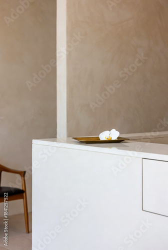 A serene, minimalist interior features a white counter, beige walls, and a single white orchid resting on a brass wooden tray. Clean lines and soft lighting create a tranquil, elegant setting.