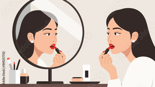 A stylish flat design illustration depicting a woman meticulously applying red lipstick, preparing for a romantic date. 