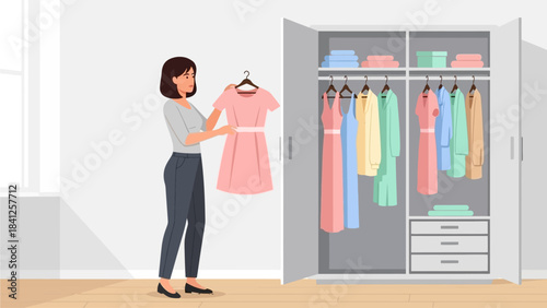 This flat design vector illustration captures a woman thoughtfully selecting the perfect dress from her open wardrobe, preparing for a special date night. 