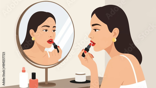 A stylish flat design illustration depicting a woman meticulously applying red lipstick, preparing for a romantic date. 