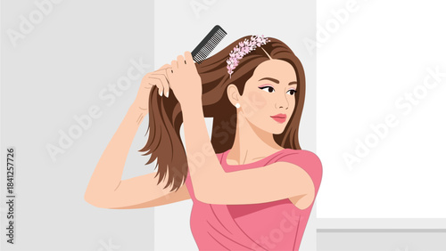 A clean flat design illustration showing a woman gracefully styling her long hair with a brush, meticulously preparing for an important date. 