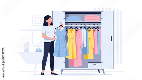 This flat design vector illustration captures a woman thoughtfully selecting the perfect dress from her open wardrobe, preparing for a special date night. 