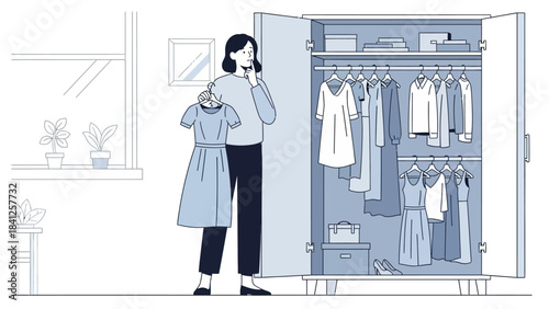 This flat design vector illustration captures a woman thoughtfully selecting the perfect dress from her open wardrobe, preparing for a special date night. 