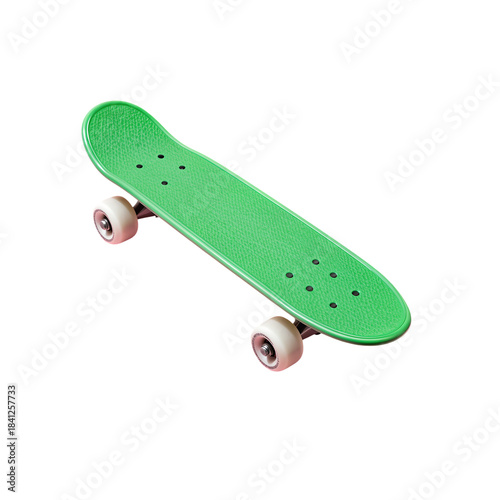 Green skateboard with white wheels isolated object