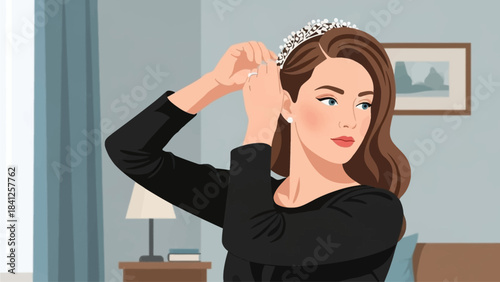 A clean flat design illustration showing a woman gracefully styling her long hair with a brush, meticulously preparing for an important date. 