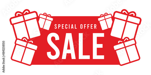 Red gift box icon and bold white SALES text on a dynamic red ribbon banner, ideal for holiday promotions, seasonal discounts, special offers, marketing campaigns and retail advertising designs.