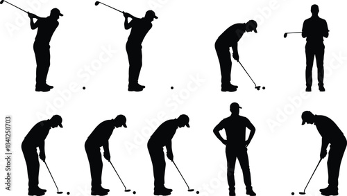PrintGolfer silhouette sequence, golf swing, putting technique, athletic motion, black vector, sports pose, golf mechanics, training visual, swing breakdown, grid layout
