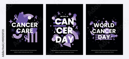 world cancer day. human fist with purple ribbon. Stop cancer banner on purple color background. International Cancer Day February 4th flat design
