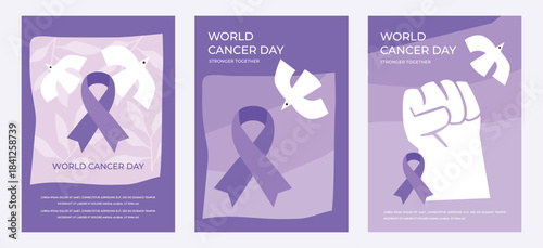 world cancer day. human fist with purple ribbon. Stop cancer banner on purple color background. International Cancer Day February 4th flat design