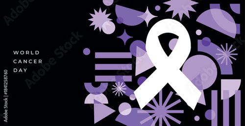world cancer day. human fist with purple ribbon. Stop cancer banner on purple color background. International Cancer Day February 4th flat design
