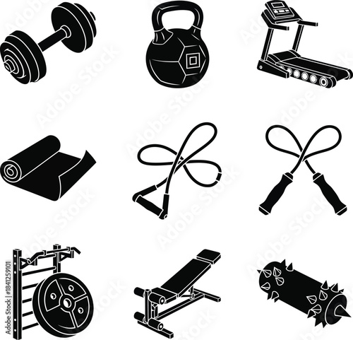Collection Of Black Silhouette Gym And Fitness Equipment Icons Featuring Dumbbell Kettlebell Treadmill Yoga Mat And Jump Rope For Sport Workout And Healthy Lifestyle Vector Illustration