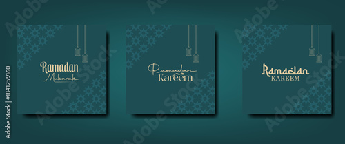 Ramadan Mubarak social media post and greeting card set with elegant Arabic calligraphy and hanging lanterns on a dark teal background for the holy month of fasting.