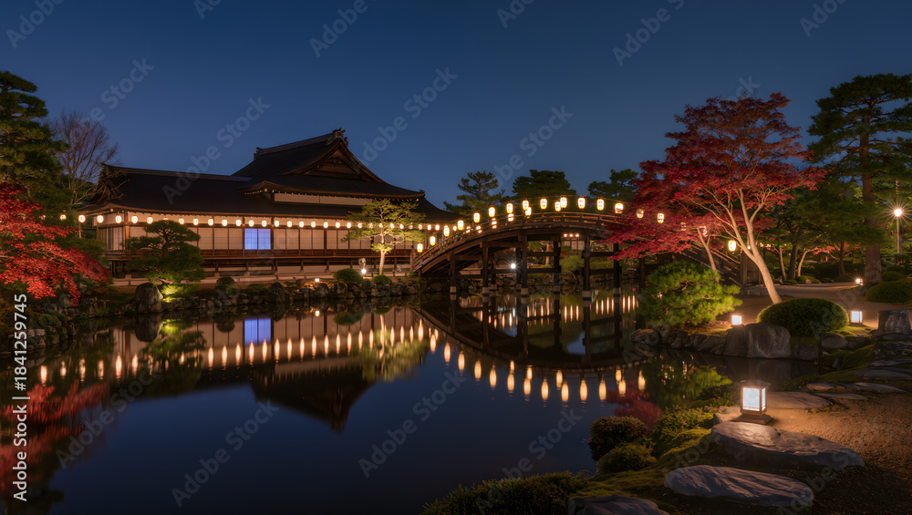 Obraz premium Lantern-lit Japanese temple garden at night, glowing reflections on water.