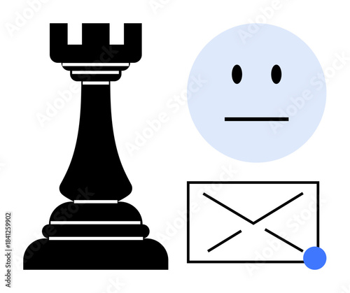 Strategy, communication, decision-making, emotions, planning, messaging. Chess rook, neutral face and envelope together. Strategy and communication concepts highlighted