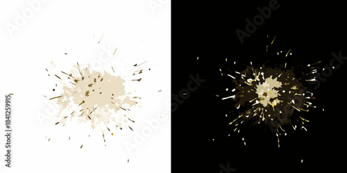 A split image showcasing an explosion of particles in light and dark backgrounds