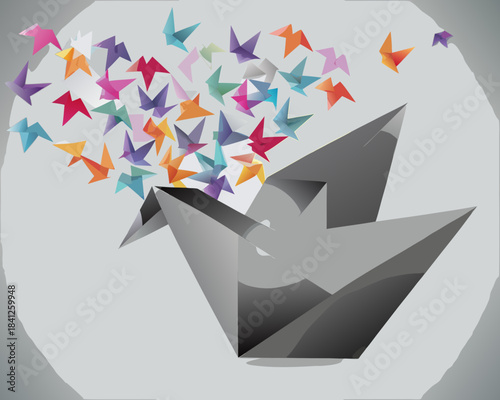 A gray origami bird releasing a flock of colorful paper birds into the air
