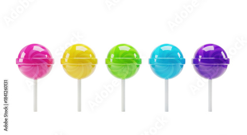 five vibrant, glossy 3d cartoon lollipops (pink, yellow, green, blue, purple) arranged neatly on a transparent studio background with soft shadows, product photography style. concept for