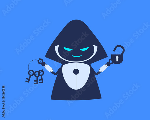 Malicious AI robot holding keys to open padlock. Vector illustration for cybersecurity articles, tech blogs, reports