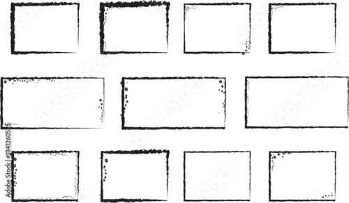 Set of twelve distressed black grunge rectangular frames and borders isolated on a white background