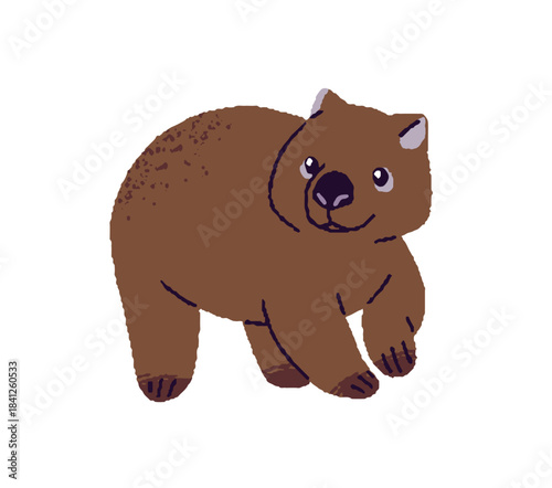 Cute hairy wombat with brown coat. Funny Australian animal with happy face. Baby bear of Australia. Exotic nature of New Zealand jungle. Flat isolated vector illustration on white background