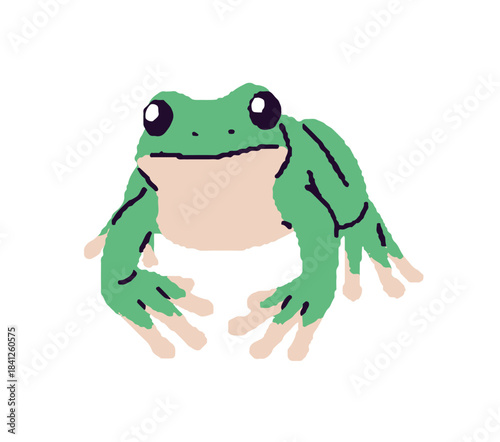 Cute green frog sits. Little tropical froglet with funny muzzle relaxes. Happy amphibian animal of rainforest, jungle and swamp. Tiny froggy. Flat isolated vector illustration on white background