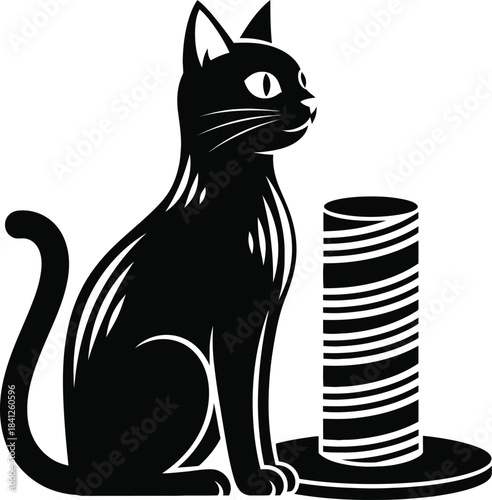 Black Cat with Scratching Post Vector