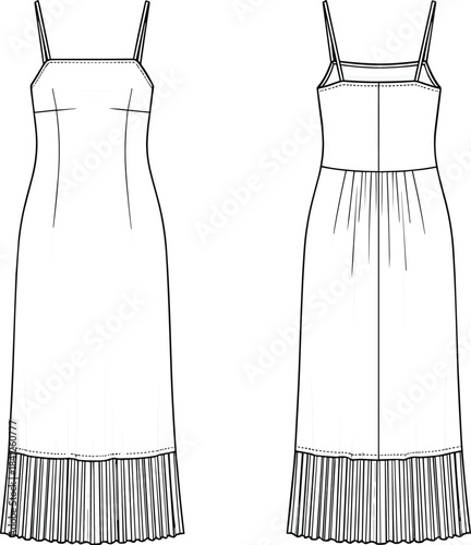 Pleated hem midi dress flat sketch with spaghetti straps and fitted bodice, women’s fashion CAD drawing, technical apparel vector illustration template