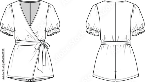 Wrap front romper flat sketch with puff sleeves and tie belt, women’s summer fashion CAD drawing, technical apparel vector illustration template