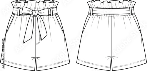 Paperbag waist shorts flat sketch with tie belt and pockets, women’s casual summer fashion CAD drawing, technical apparel vector illustration