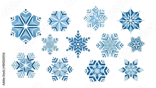 Winter's Delicate Crystals: An array of intricate snowflakes in shades of blue and white, each unique in its design, representing the elegance and beauty of the winter season.