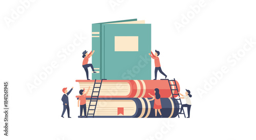Inspiring teamwork illustration with tiny people climbing books, symbolizing knowledge, education, and collaborative effort for success and learning
