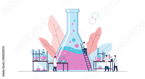 Dynamic science lab illustration featuring researchers working with beakers and chemicals for medical breakthrough concepts and pharmaceutical innovation