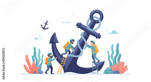 Teamwork triumphs as determined crew scale a massive anchor, symbolizing strength and collaborative success in overcoming obstacles and achieving goals