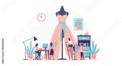 Fashion designers create stunning dress in stylish workshop, perfect for showcasing creativity, teamwork, and the art of dressmaking with elegance