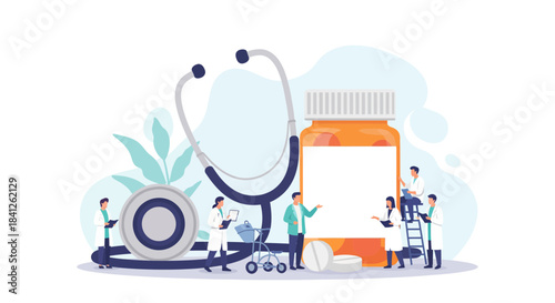 Medical team collaborating on new medicine, doctors working together for healthcare innovation, promoting wellness and pharmaceutical research breakthrough
