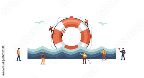 Dynamic teamwork illustration people helping each other with a lifeline, rescue concept, business help, safety, support and teamwork, minimal design