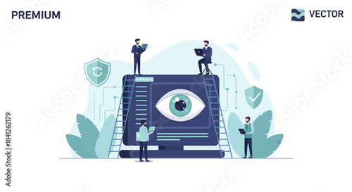 Cybersecurity team analyzes data on a giant monitor to ensure data protection and privacy with modern technology for business network defense